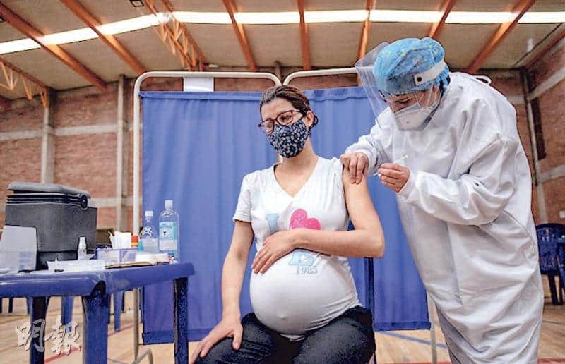 哥倫比亞在上月開始，為懷孕3個月或以上的孕婦接種BioNTech-輝瑞新冠疫苗，圖為7月23日，首都波哥大有一名孕婦正接種疫苗。（法新社）